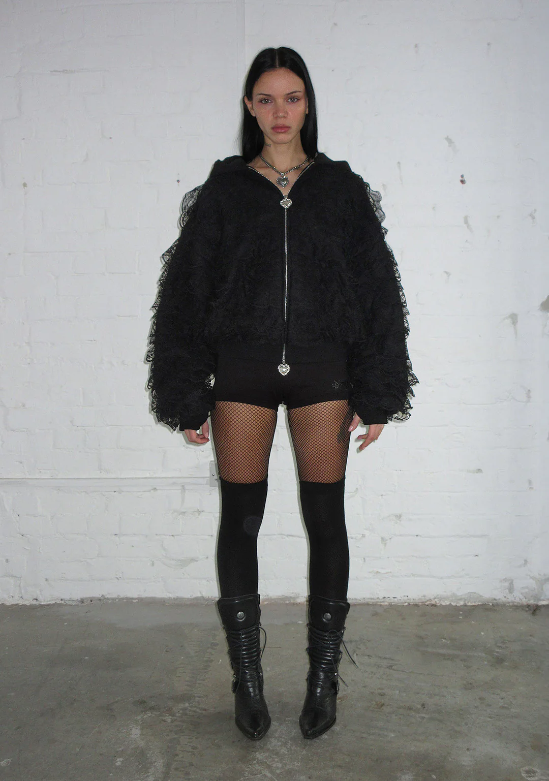 BAD ROMANCE LACE RUFFLE ZIP HOODIE BLACK - Image 4