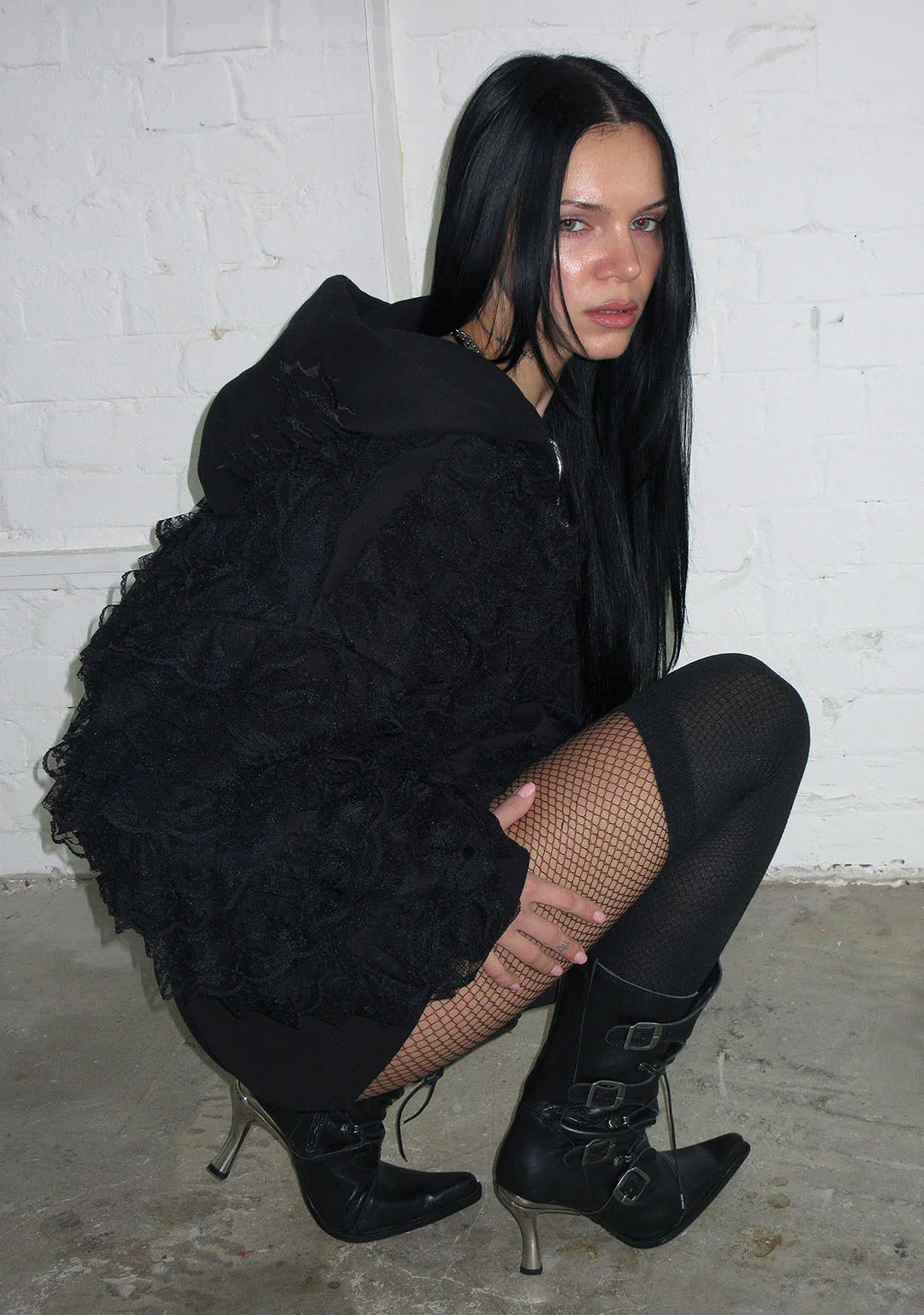 BAD ROMANCE LACE RUFFLE ZIP HOODIE BLACK - Image 6