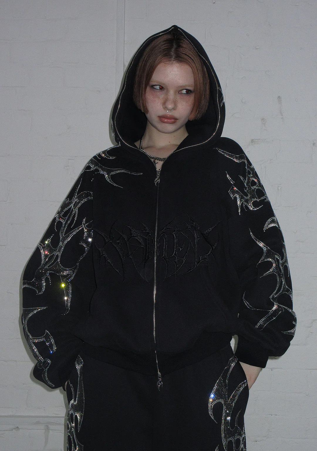 CRASH RHINESTONE ZIP HOODIE BLACK - Image 3