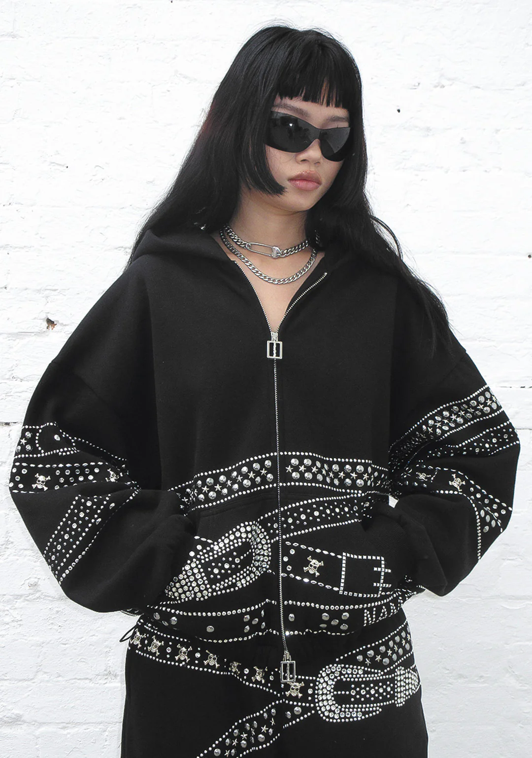 CRUSH STUDDED BELT ZIP HOODIE BLACK - Image 5