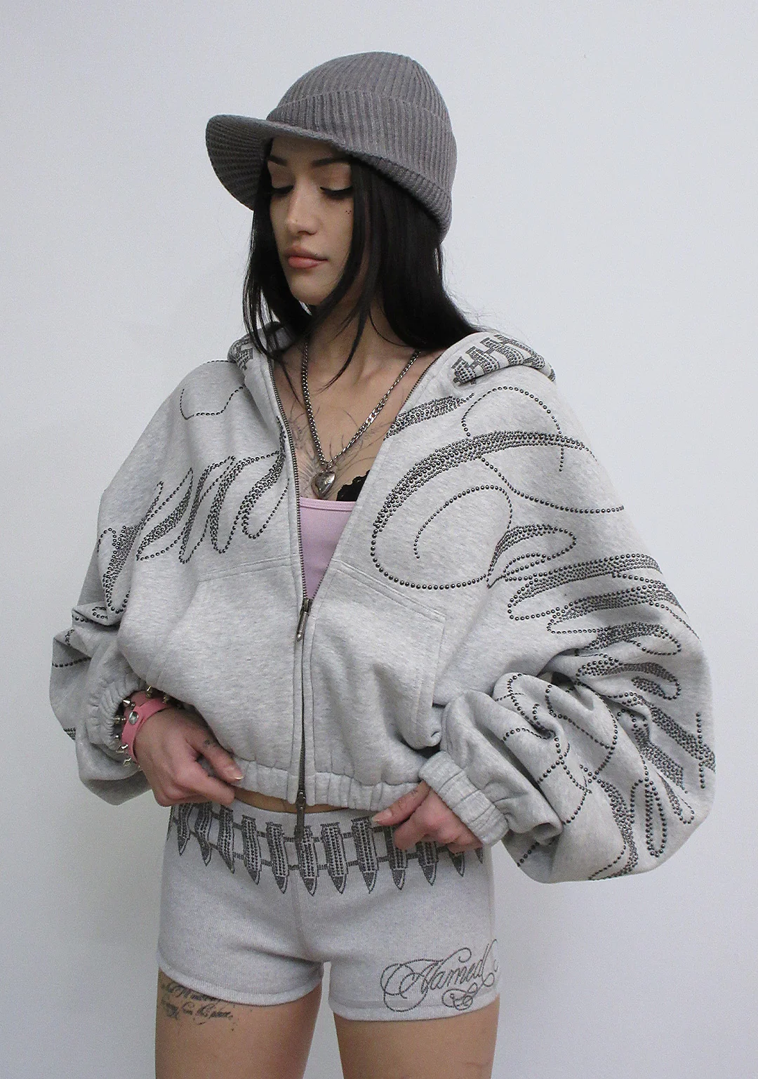 ENEMY STUDDED CROP ZIP HOODIE GREY MARL - Image 3