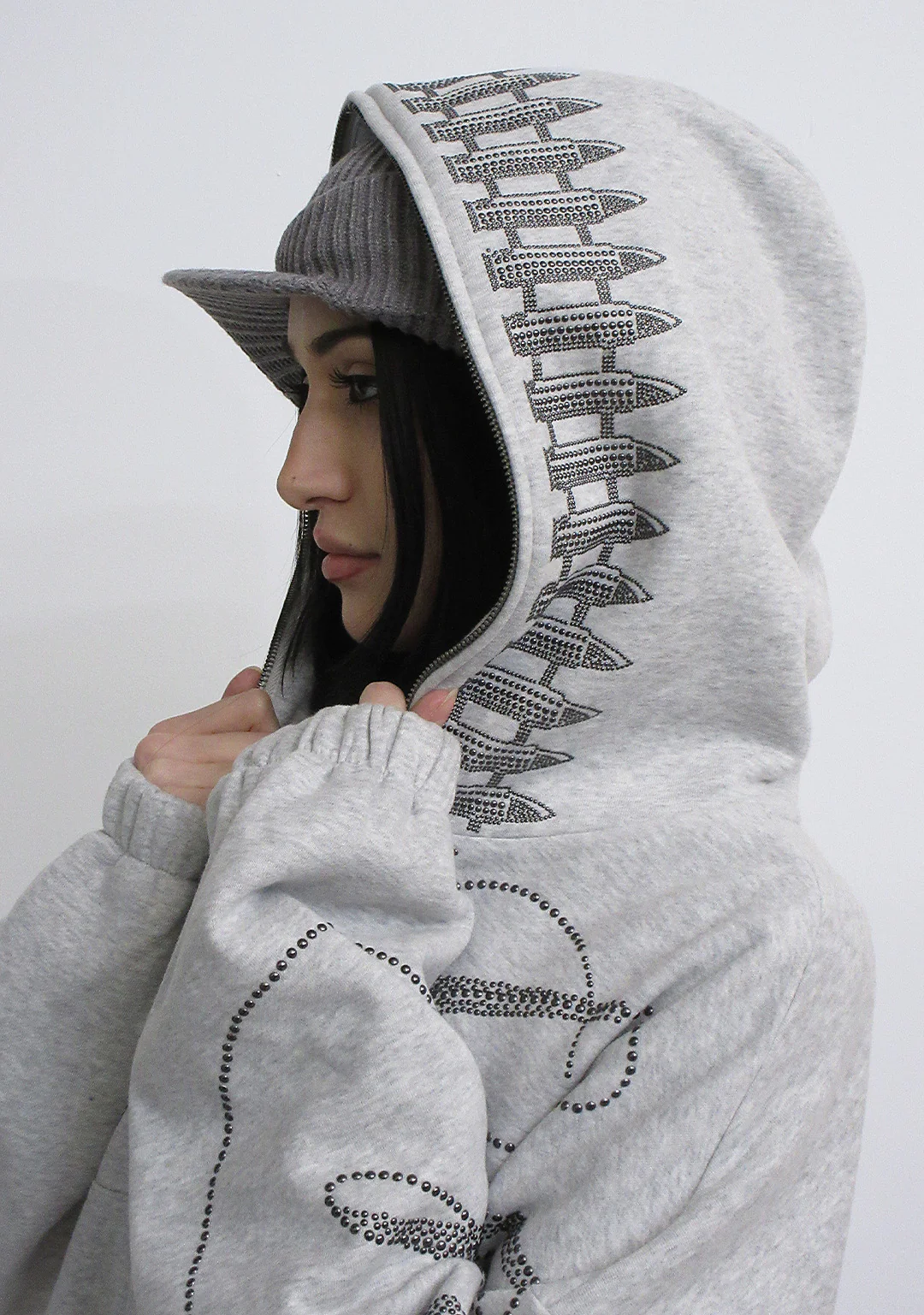 ENEMY STUDDED CROP ZIP HOODIE GREY MARL - Image 4
