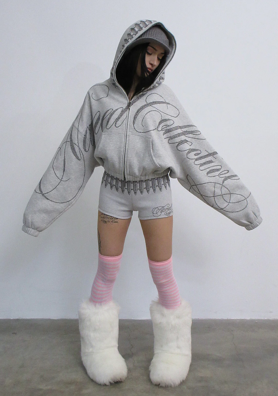 ENEMY STUDDED CROP ZIP HOODIE GREY MARL - Image 5