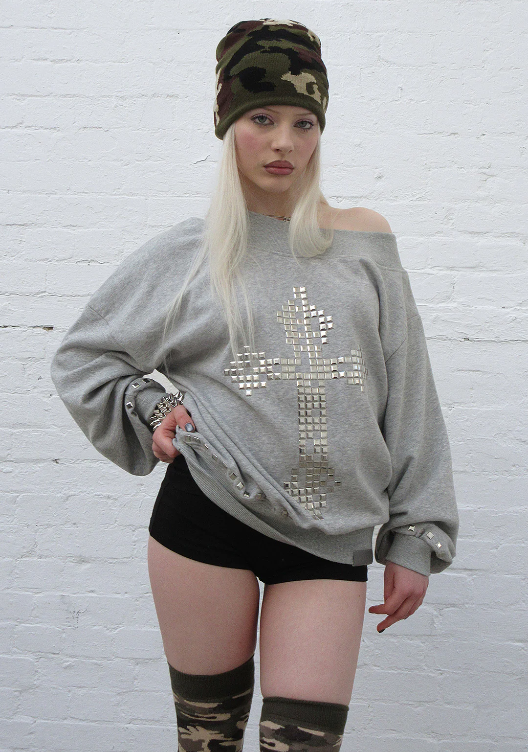 FAITHFUL STUDDED OFF THE SHOULDER SWEATER GREY MARL - Image 3