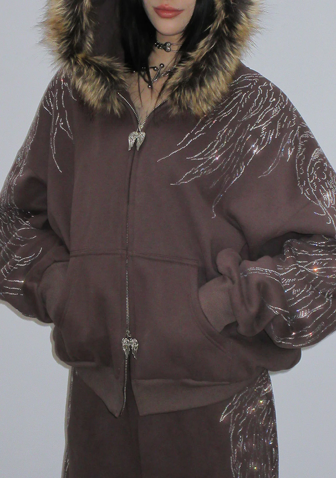 FALLEN FAUX FUR RHINESTONE ZIP HOODIE BROWN (DETACHABLE FUR) - Image 3