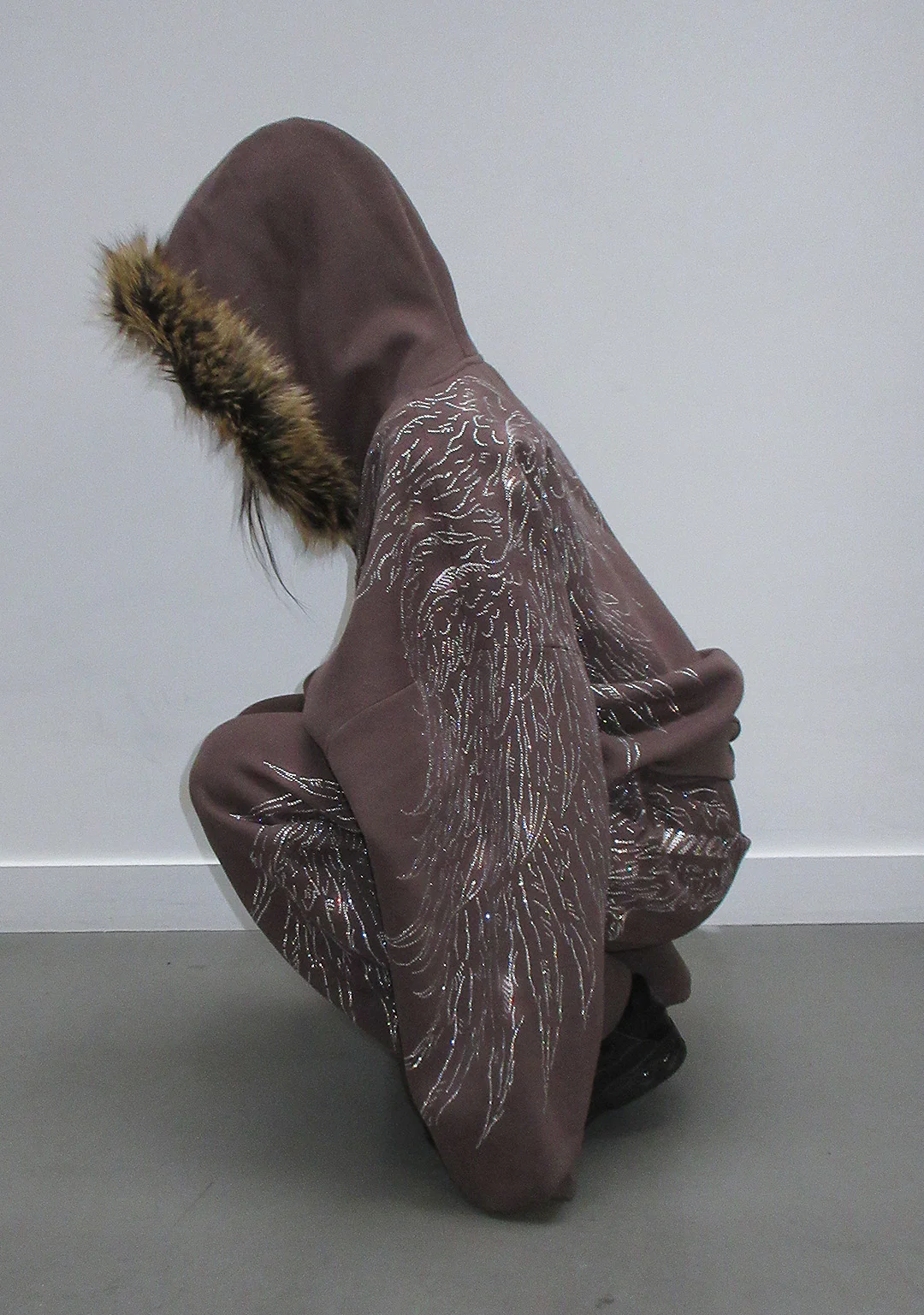 FALLEN FAUX FUR RHINESTONE ZIP HOODIE BROWN (DETACHABLE FUR) - Image 8
