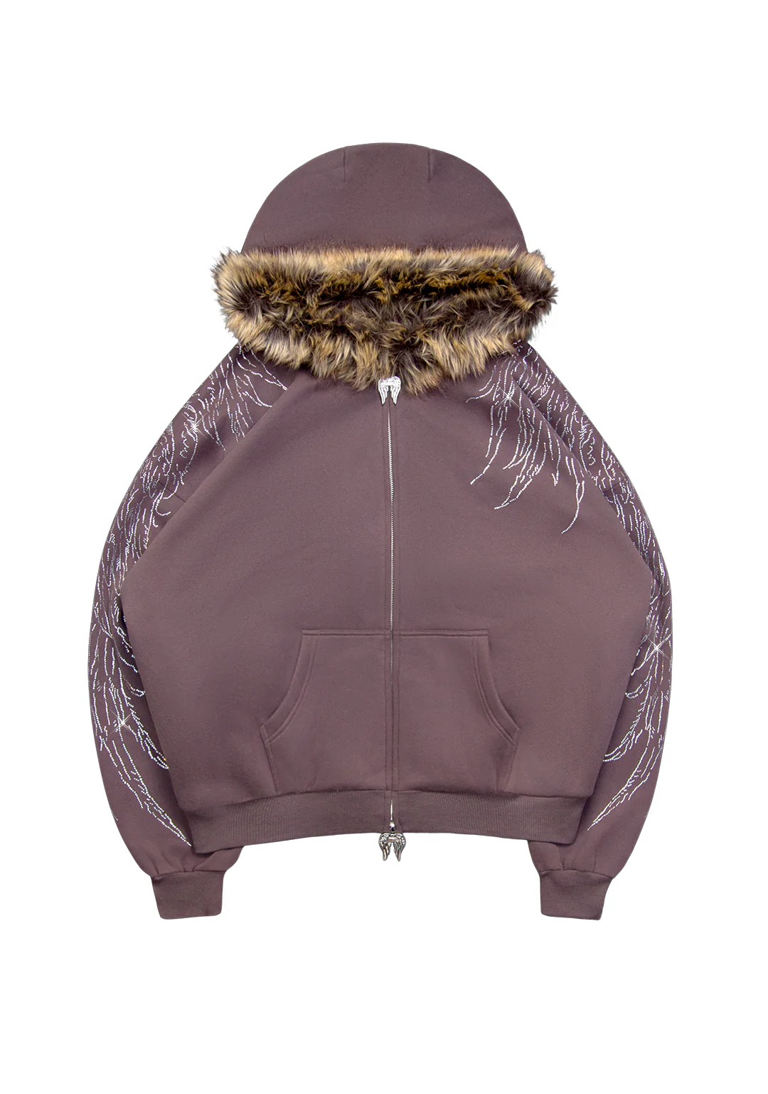 FALLEN FAUX FUR RHINESTONE ZIP HOODIE BROWN (DETACHABLE FUR) - Image 9