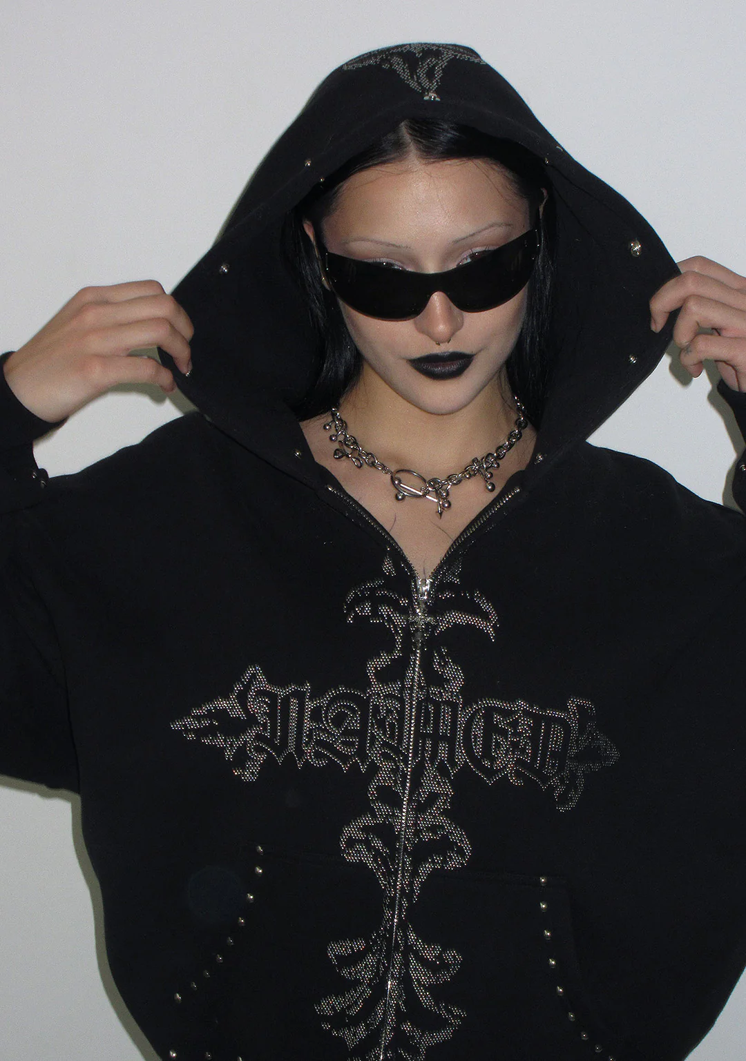 FERAL FAUX FUR STUDDED ZIP HOODIE BLACK (DETACHABLE FUR) - Image 3