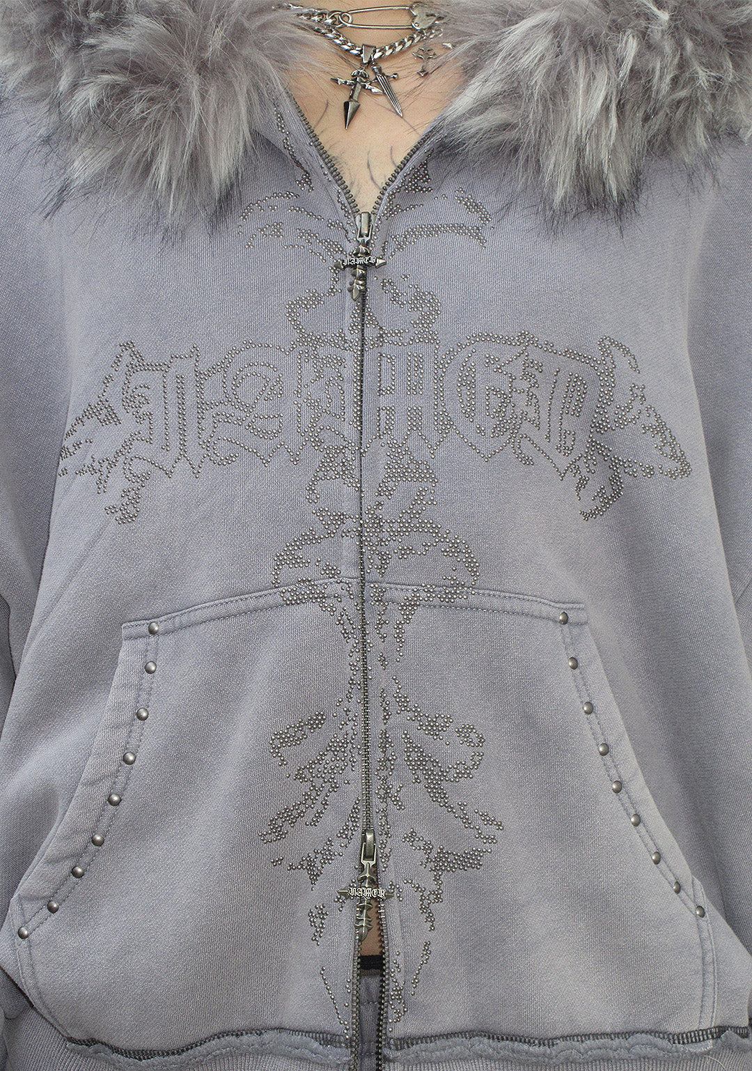 FERAL FAUX FUR STUDDED ZIP HOODIE WASHED GREY (DETACHABLE FUR) - Image 4