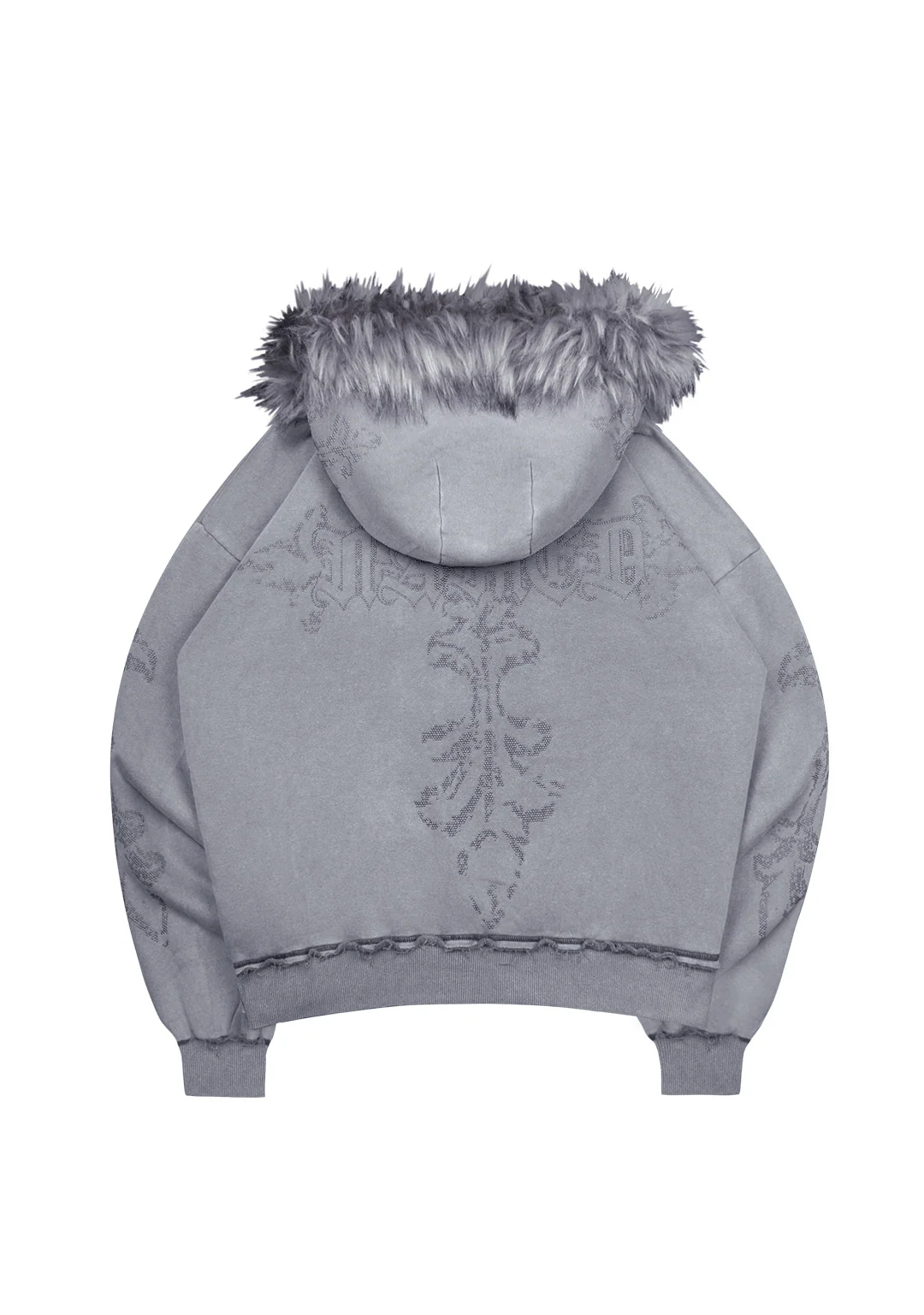 FERAL FAUX FUR STUDDED ZIP HOODIE WASHED GREY (DETACHABLE FUR) - Image 7