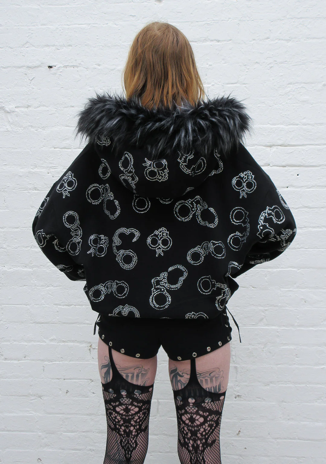 HEIST FAUX FUR RHINESTONE CUFF ZIP HOODIE BLACK (DETACHABLE FUR) - Image 4