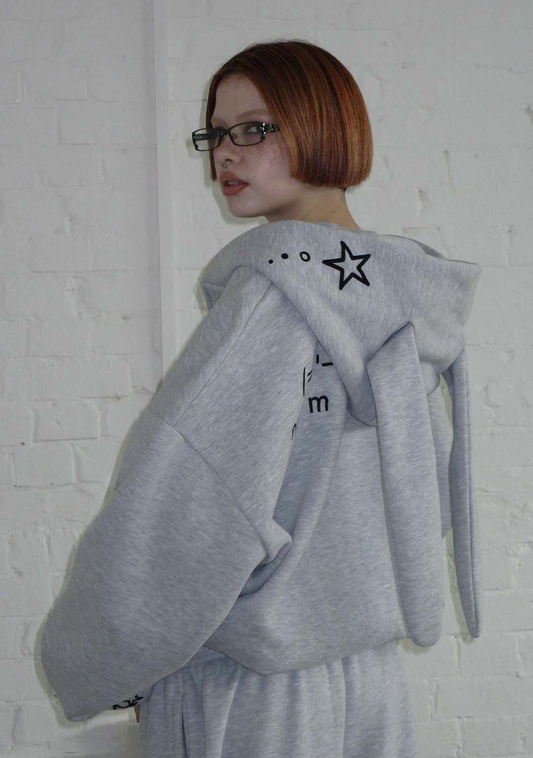 MALFUNCTION BUNNY ZIP HOODIE GREY MARL (DETACHABLE EARS) - Image 3