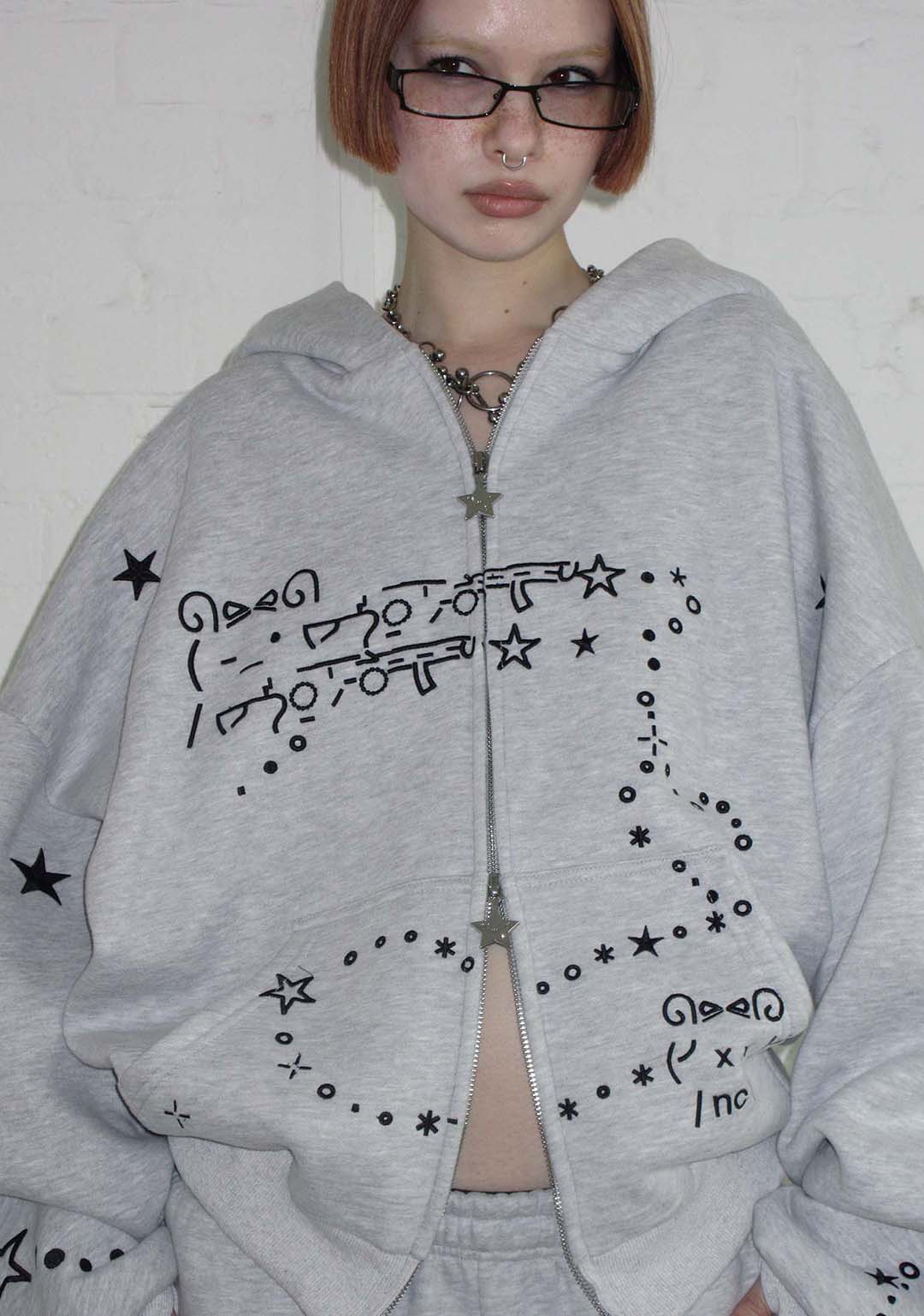 MALFUNCTION BUNNY ZIP HOODIE GREY MARL (DETACHABLE EARS) - Image 4