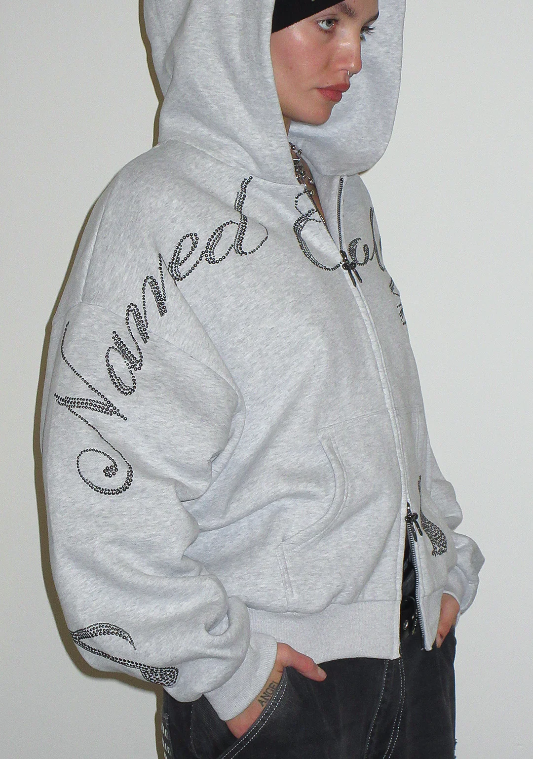 MUSE STUDDED ZIP HOODIE GREY MARL - Image 4