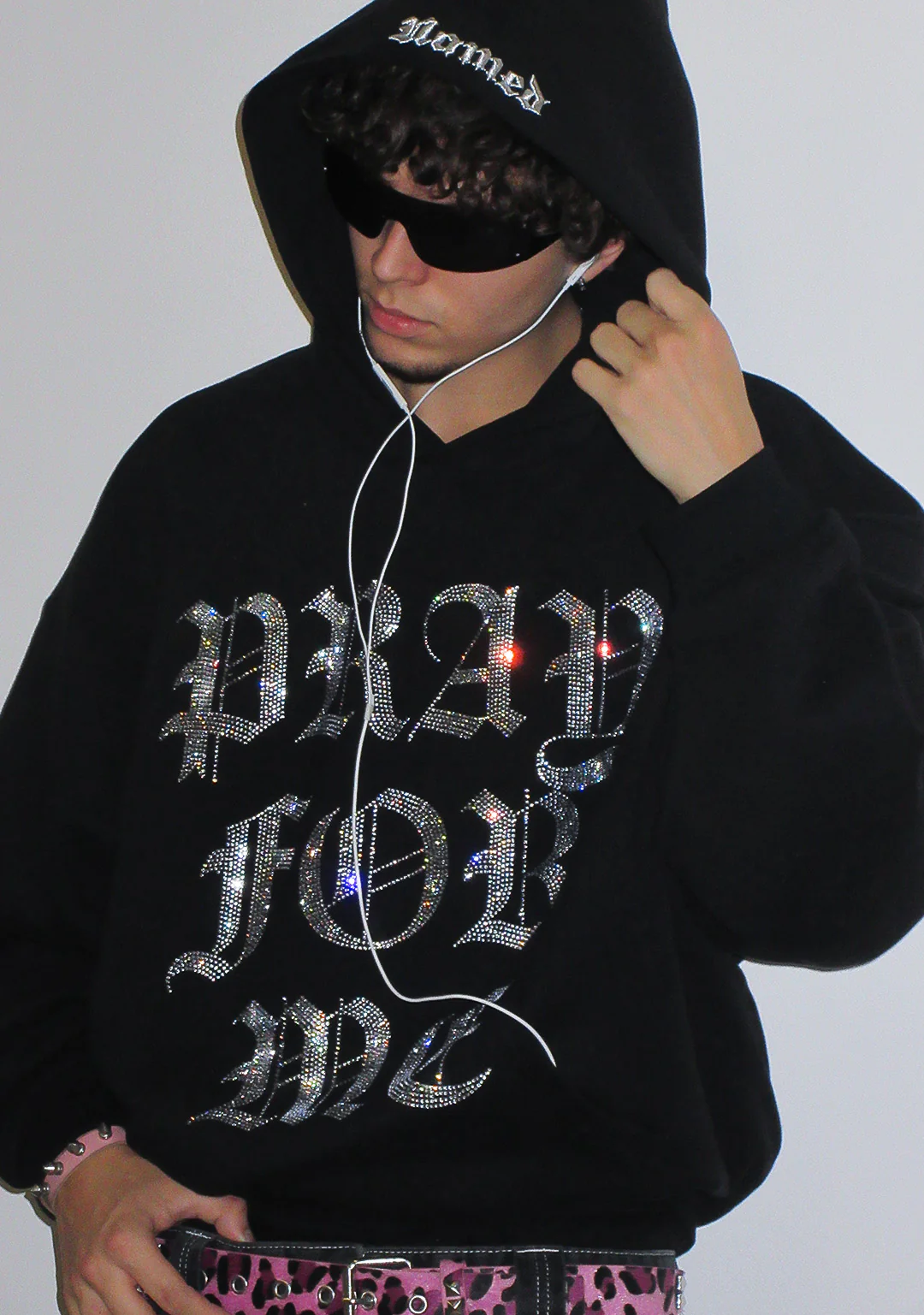 PRAY FOR ME RHINESTONE PULLOVER HOODIE BLACK - Image 3