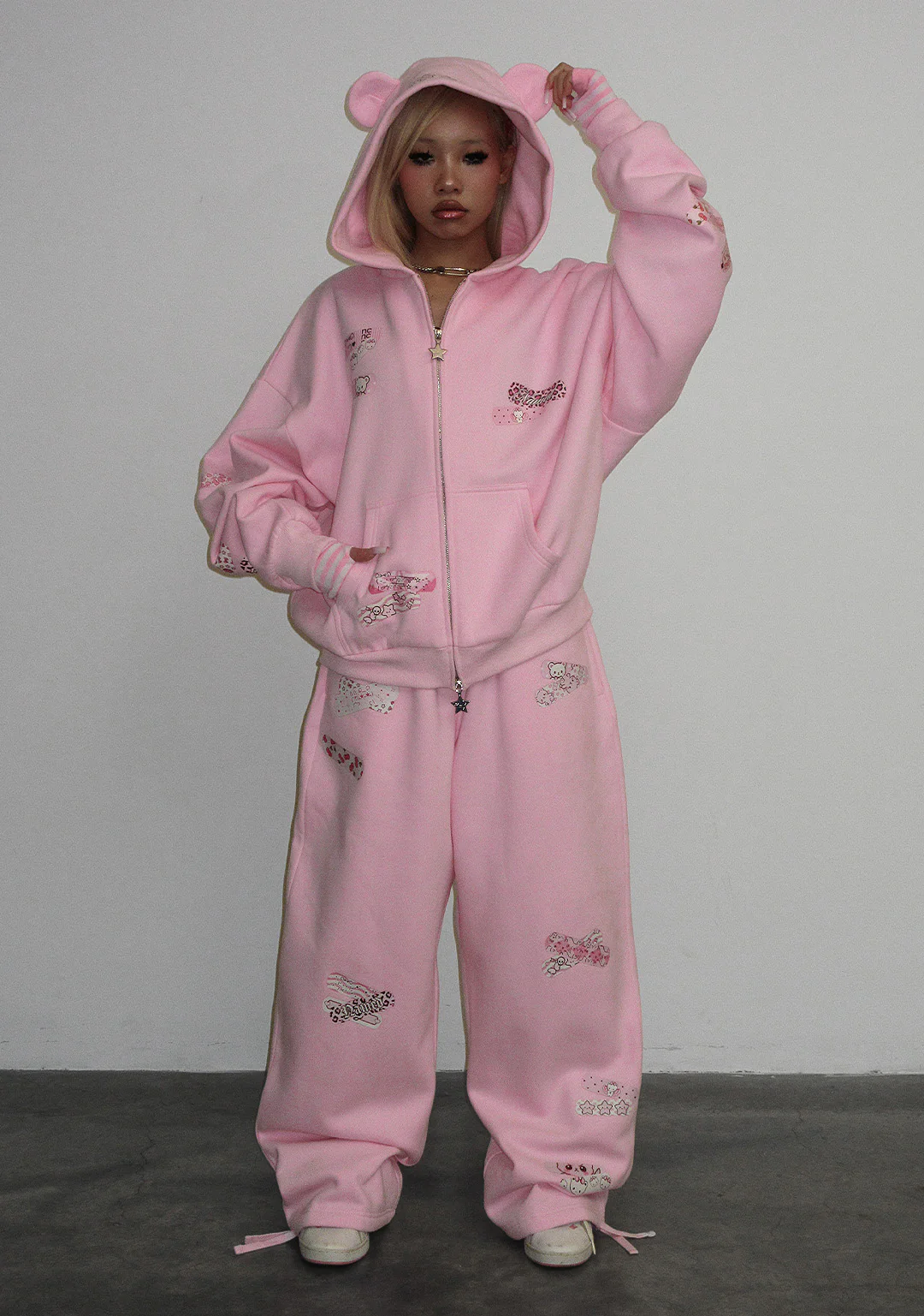 STITCH TEDDY ZIP HOODIE BABY PINK - Image 7