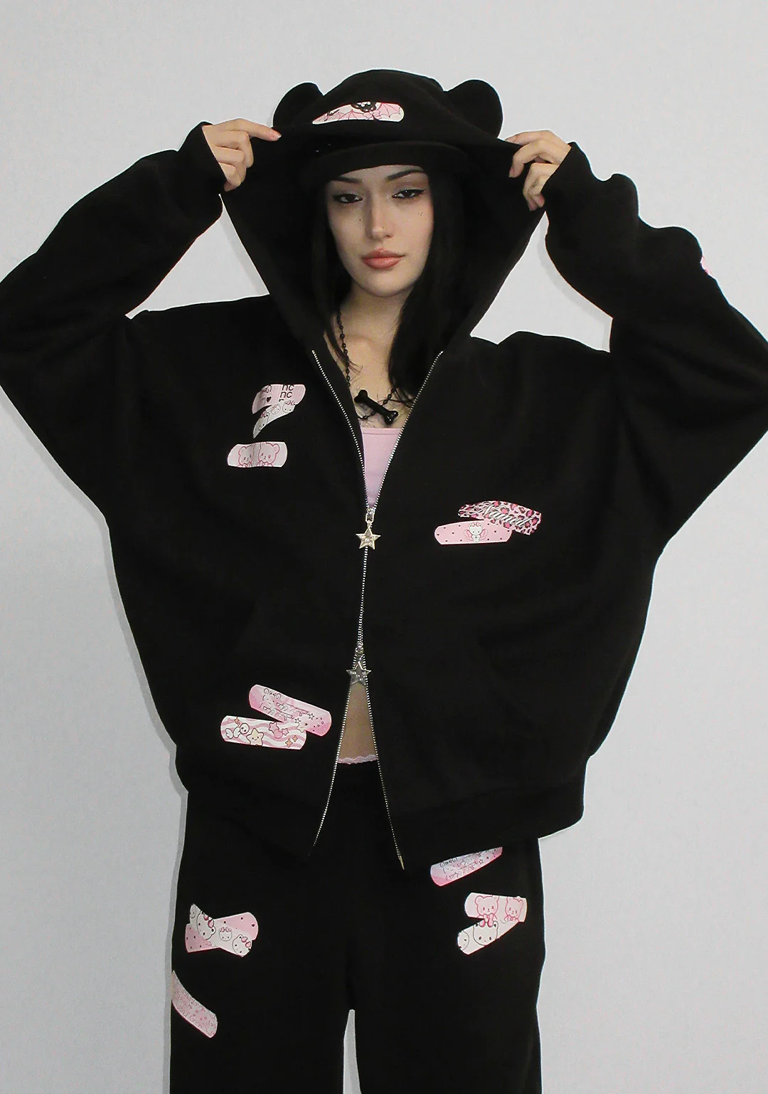 STITCH TEDDY ZIP HOODIE BLACK - Image 4